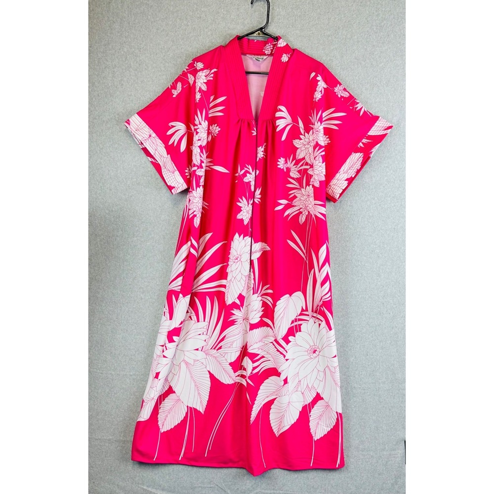 Vintage Anthony Richards Womans One Size Housecoat Robe Half Zip Floral Pink USA - Picture 2 of 8